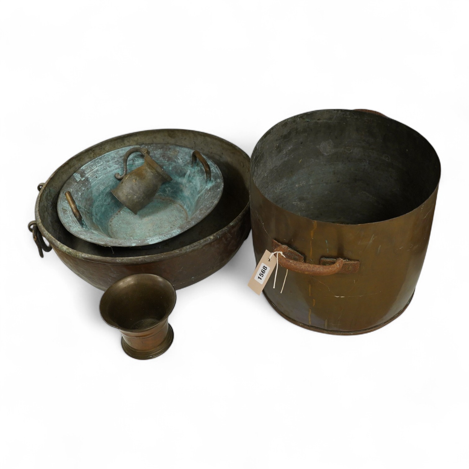 A Victorian copper copper, bronze mortar, and three other items